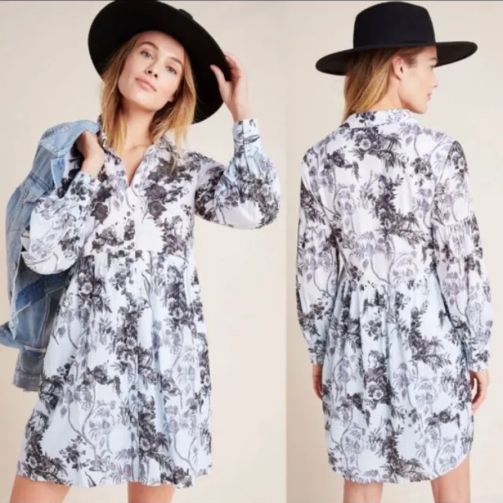 ANTHROPOLOGIE Lavinia Embroidered Shirt Dress Size 14 Blue Motif EUC Worn Once!